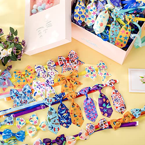 Reginary 100 Pieces Dog Bow Tie Collar Set Include 40 Dog Neckties, and 30 Puppy Bowties, 30 Collar Flowers, Adjustable Pet Ties Grooming for Small Medium Cats Pets Supply(Ocean) - style: Ocean