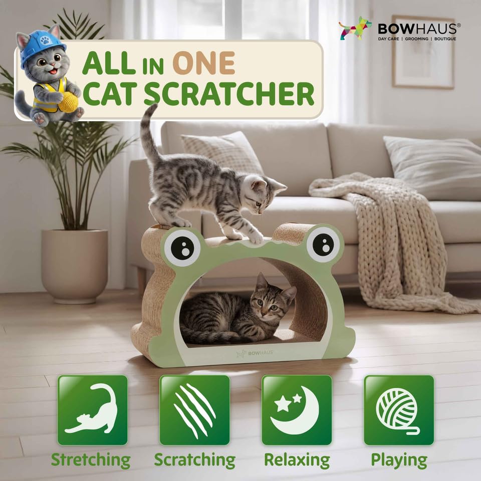 BOWHAUS Frog Style Cat Scratching Board, Cat Scratcher Lounger with Play Ball for Indoor Cat, Durable & Long-Lasting Scratching Board Cardboard, Furniture Protector Scratching Pad