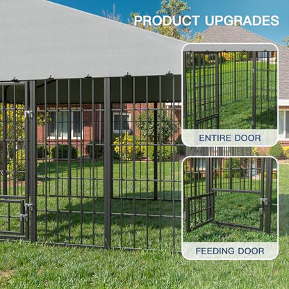 Kullavik 10x10x6 FT Large Outdoor Dog Kennel,Anti-Rust Galvanized Steel Dog Pen with Feeding Door & Double Locks,Heavy Duty Dog Enclosure Fence with UV-Resistant Waterproof Cover for Outside - size: 117"L x 119"W x 75"H