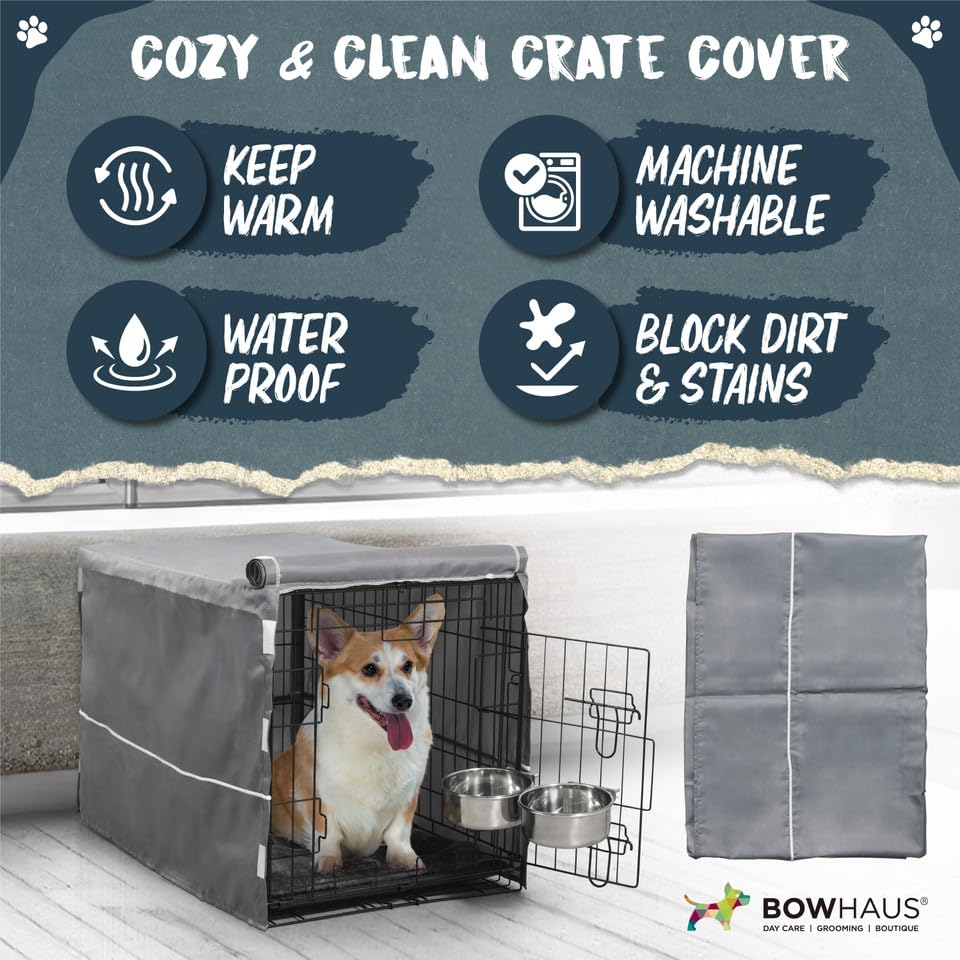 BOWHAUS 30-Inch Single Door Dog Crate Kit Includes Crate Cover, Dog Bed & 2 Bowls and Bowl Racks, Indoor Dog Cage Bundle Set, Foldable Wire Metal Dog Kennel w/Pan for Small, Medium Dog - size: w/ Two Bowls