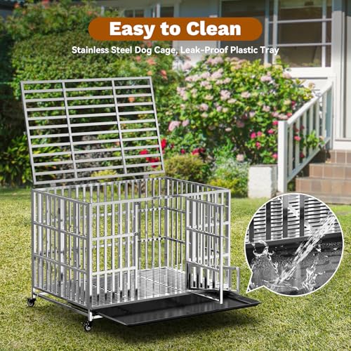 Holiwei 42" Heavy Duty Dog Crate, Escape Proof Stainless Steel Dog Kennel with Top Opening, 4 Lockable Wheels, Easy Clean Metal Dog Cage for Large/High Anxiety Dogs - size: 42.5"L x 27.6"W x 31.5"H