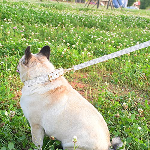 Leather Dog Collar and Leash Set, Check Pattern Dog Collar Leashes Metal Buckle Adjustable Durable for Small Medium Large Dogs (White, S(11.4-13.4IN)) - color: White, size: S(11.4-13.4IN)