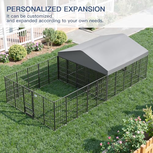 Kullavik 10x10x6 FT Large Outdoor Dog Kennel,Anti-Rust Galvanized Steel Dog Pen with Feeding Door & Double Locks,Heavy Duty Dog Enclosure Fence with UV-Resistant Waterproof Cover for Outside - size: 117"L x 119"W x 75"H