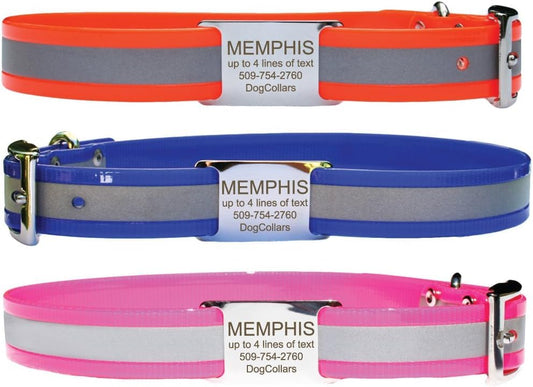 GoTags Personalized Reflective Waterproof Dog Collar with Stainless Steel Slide-On Dog ID Tag Nameplate, Extra Durable BioThane Dog Collar Resistant Dirt, Oils and Moisture, Odor-Proof - color: Blue w/ Tag, size: 16 - 18.25 inch neck (Pack of 1)
