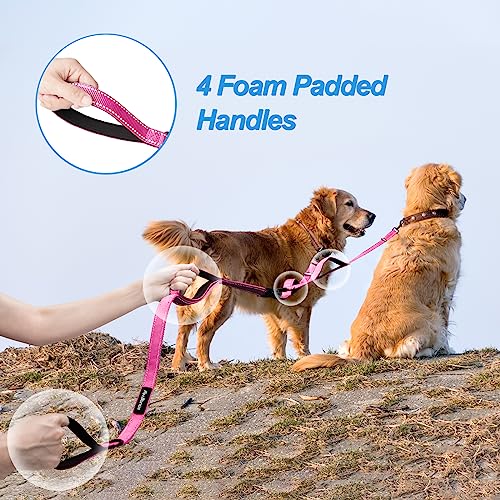Double Dog Leash, No Tangle Dual Leash, Reflective Walking Training Lead, 4 Comfortable Padded Handles for 2 Dogs with Collapsible Bowl and Waste Bags (Pink, Large) - color: Pink