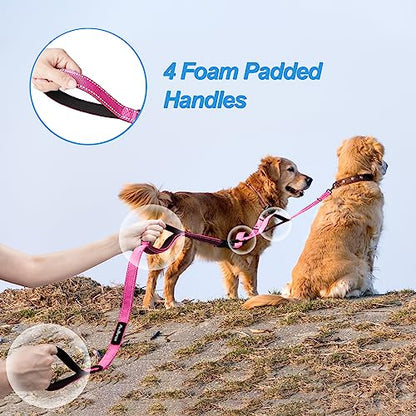 Double Dog Leash, No Tangle Dual Leash, Reflective Walking Training Lead, 4 Comfortable Padded Handles for 2 Dogs with Collapsible Bowl and Waste Bags (Pink, Large) - color: Pink