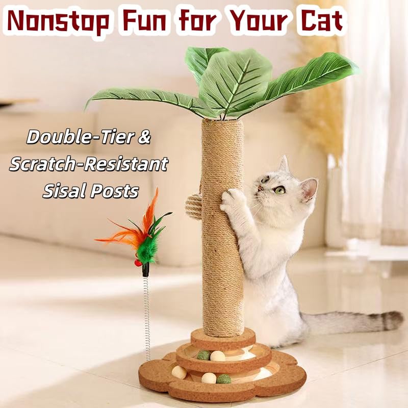 Cat Scratching Post Cat Scratcher Tower with 2-Layer Ball Tracks Interactive Feather Toy Kitten Scratch Post Cat Toy for Indoor 15.4" H Cat Scratch Post with Monstera Leaves - color: Monstera
