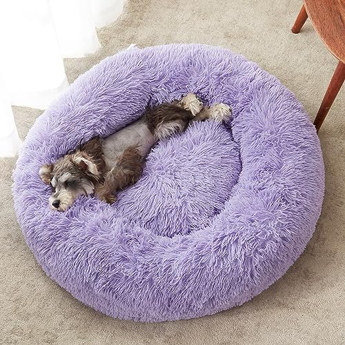WESTERN HOME WH Calming Dog Bed & Cat Bed, Anti-Anxiety Donut Dog Cuddler Bed, Warming Cozy Soft Dog Round Bed, Fluffy Faux Fur Plush Dog Cat Cushion Bed for Small Medium Dogs and Cats - color: Purple, size: 27.0"L x 27.0"W x 8.0"Th