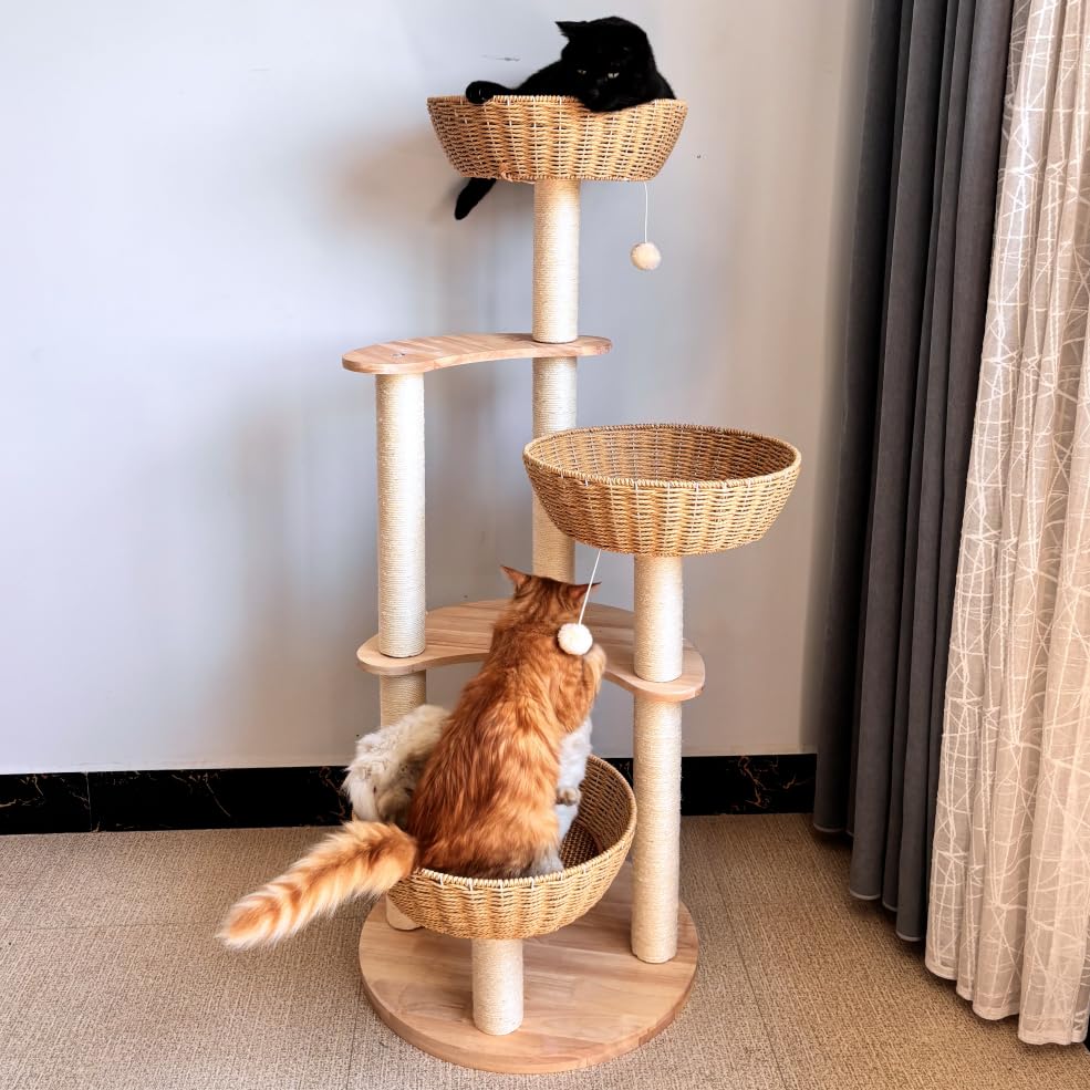 54" Modern Cat Tree for Large Cats, Wood Luxury Multi-Level Oak Solid Wood Cat Trees Cat Towers with 3 Rattan Weaving Cat Nests & Washable Cushions, Sisal Scratching Posts, for Indoor Cats-Lacquered - size: Large-Oiled1