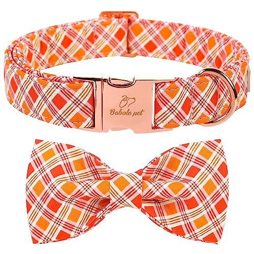 Fall Dog Collar with Bow Tie - Thanksgiving Orange Red Plaid Dog Collars, Adjustable Cotton Metal Buckle Bowtie Collar for Small Medium Large Boy Girl Dogs XS - color: B-Red Orange Plaid, size: XS