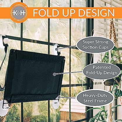 K&H Pet Products EZ Mount Cat Window Perch for Large Cats, Sturdy Kitty Sill Window Hammock Bed, Steel Frame, Sturdy Suction Cups, Washable Shelf Cover, Foldable - Fits 27"W X 23"H Glass Spaces - style: No Bolster