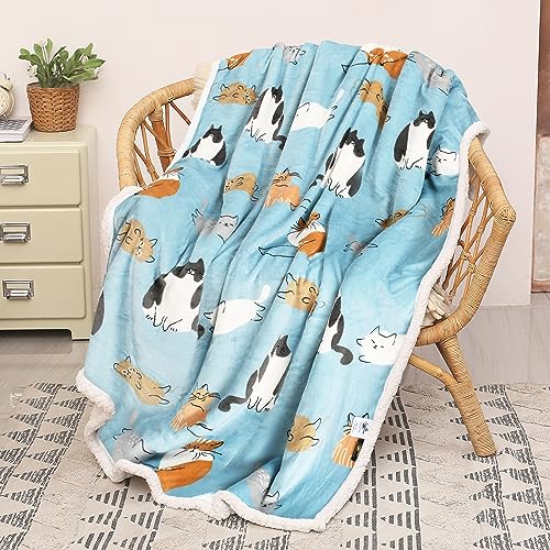 Catalonia Cat Print Sherpa Fleece Throw Blanket, Soft Mink Plush Couch Blanket, Fuzzy Fluffy Comfy Warm Throws, Comfort Caring Gift, 50x60 inches, Baby Blue - color: Cat Blue, size: 50"x60"