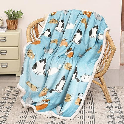 Catalonia Cat Print Sherpa Fleece Throw Blanket, Soft Mink Plush Couch Blanket, Fuzzy Fluffy Comfy Warm Throws, Comfort Caring Gift, 50x60 inches, Baby Blue - color: Cat Blue, size: 50"x60"
