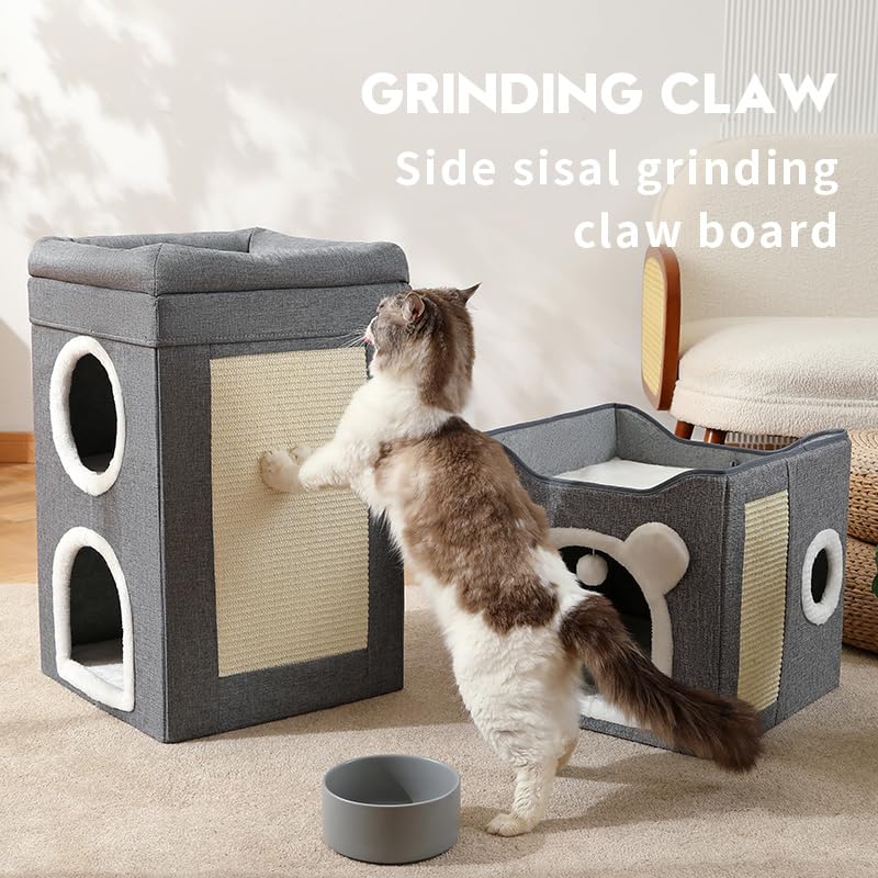Cat Beds for Indoor Cats, Large Cat House Foldable Cat Cave with Scratch Pad and Hanging Fluffy Ball, Reversible Cushion Hideaway for Pet Cats, 16.5x16.5x13.2 inches, Multi Small Pet (Dark Grey, L)