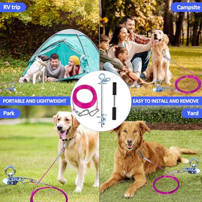 TOPKNOT Dog Tie Out Cable and Stake,(up to 200lbs) 20FT Heavy Duty Cable,360°Swivel Run Anchor- No Tangle,Dog Runner for Yard,Ideal for Outdoor Camping - size: dog stake+ violet 20ft/200lbs