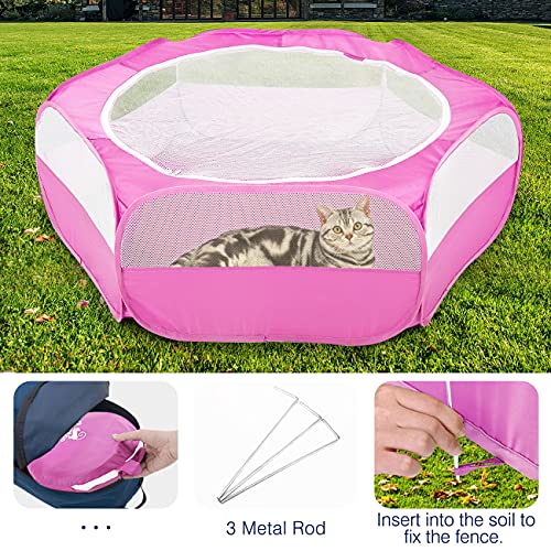 Pawaboo Small Animals Playpen, Waterproof Small Pet Cage Tent with Zippered Cover, Portable Outdoor Yard Fence with 3 Metal Rod for Chick/Kitten/Puppy/Guinea Pig/Rabbits/Hamster/Chinchillas,Magenta - color: B-Magenta