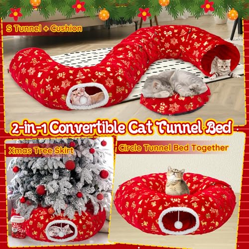 LECHONG 3-in-1 Christmas Cat Tunnel Bed & Tree Skirt, Warm & Cozy Double-Sided Fleece Hideout w/Detachable Mat, Deter Cats Damage Xmas Tree Decor, Festive Coziness