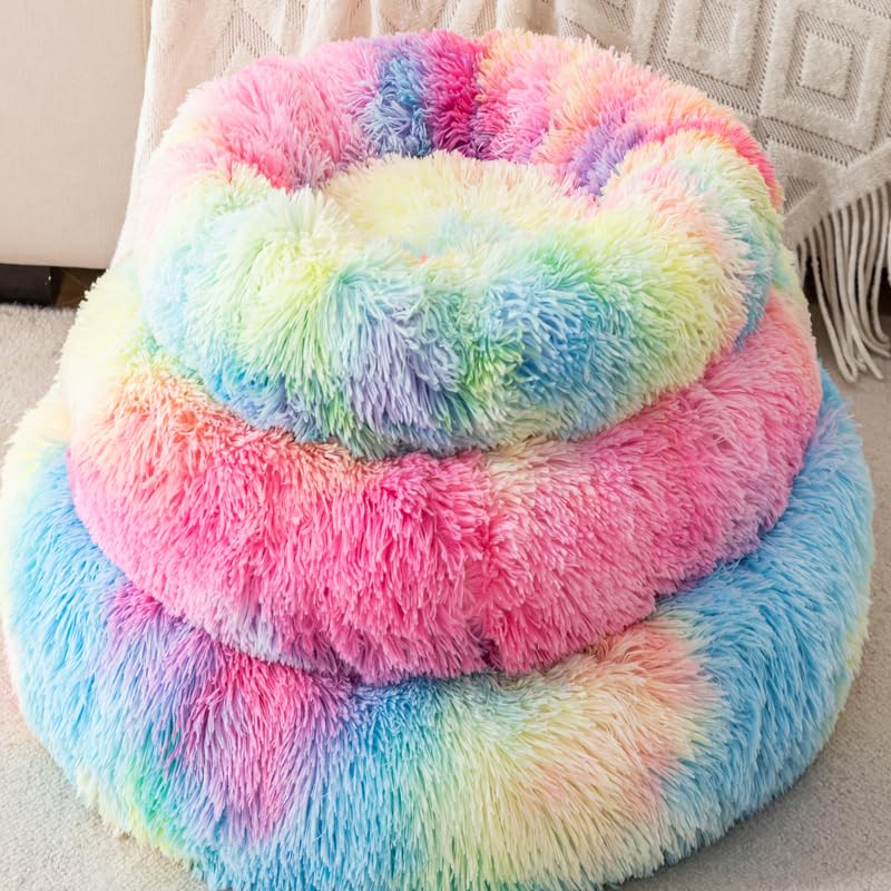 Fluffy Donut Dog Bed for Puppies Cat Bed Plush Soft Faux Fur Non-Slip Bottom Indoor Cozy Comfortable Pet Bed Bunny Pillow Dog Piilow Small for 3KG