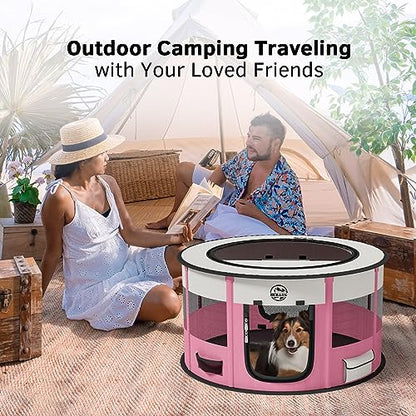 Dog Playpen Puppy Play Pen Indoors Pet Crate Small Dog Cage Portable Foldable Cat Kennel for Kitten Hamster Rabbit Bunny Guinea Pig with Collapsible Food Bowl Carrying Case - color: Pink, style: L