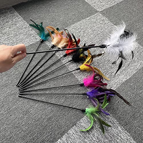 10-Pack Cat Feather Wand Toys with Bell, Natural Feather Interactive Teaser for Indoor Kittens Friendly Cat Toy