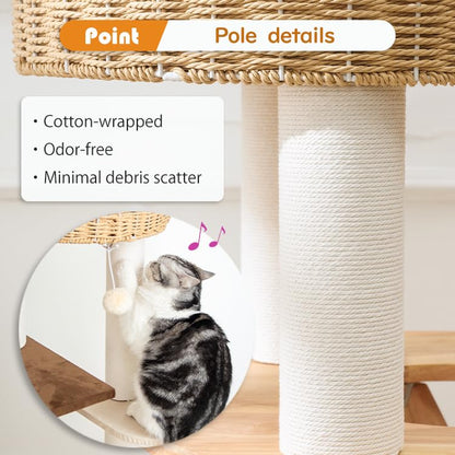 Wood Cat Tree for Large Cat, 60-Inch Tall Cat Tower with Scratching Post for Indoor Cats, Multi-Level Cat Condo with Hand-Woven Cat Bed and Acrylic Bowl Easy to Clean (Brown-81004S) - color: Nature 81004