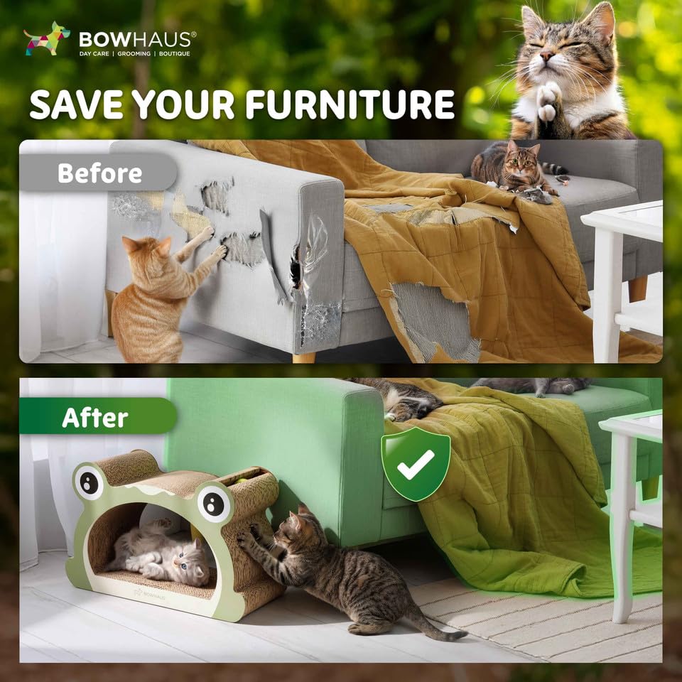 BOWHAUS Frog Style Cat Scratching Board, Cat Scratcher Lounger with Play Ball for Indoor Cat, Durable & Long-Lasting Scratching Board Cardboard, Furniture Protector Scratching Pad
