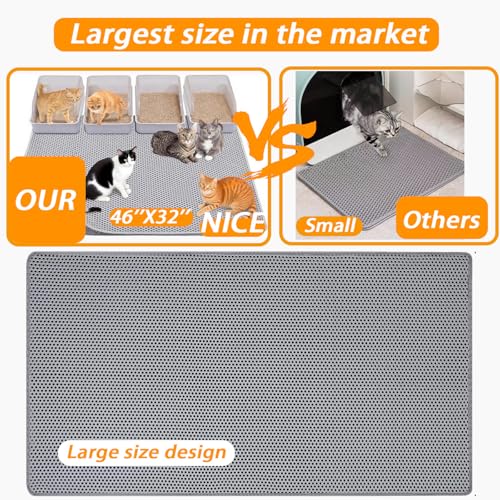 Large Cat Litter Mat, 46x32 Inches Extra Large Double Layer Honeycomb Cat Litter Trapping Mat, Non Slip Waterproof Urine Proof Mat, Scratch Resistant Durable Litter Rug - color: Grey 46"x 32"(2026 Upgrade Edition)+Gloves