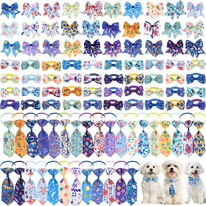 Reginary 100 Pieces Dog Bow Tie Collar Set Include 40 Dog Neckties, and 30 Puppy Bowties, 30 Collar Flowers, Adjustable Pet Ties Grooming for Small Medium Cats Pets Supply(Ocean) - style: Ocean
