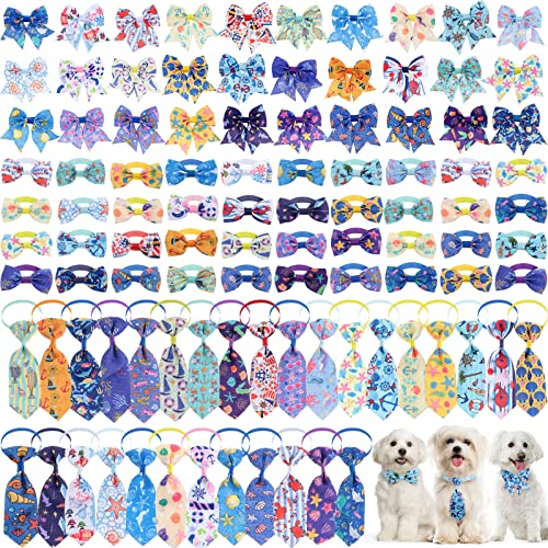 Reginary 100 Pieces Dog Bow Tie Collar Set Include 40 Dog Neckties, and 30 Puppy Bowties, 30 Collar Flowers, Adjustable Pet Ties Grooming for Small Medium Cats Pets Supply(Ocean) - style: Ocean