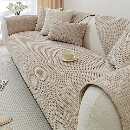 vctops Farmhouse Plaid Chenille Couch Sofa Cover Super Soft Plush Sectional Couch Covers Anti-Slip Solid Sofa Slipcover for Dogs, Children, Pets Furniture Protector (Khaki,28"x28") - color: Khaki, size: 1pc/28"x28"/Armrest Or Backrest Cover