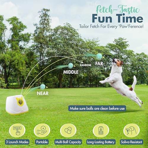 Automatic Dog Ball Launcher - Dog Ball Fetch Machine, Ball Thrower for Dogs, for Small to Medium Sized Dogs, Interactive Dog Toy with 6 Latex Balls, Plug-in & Battery Options - 4 Launch Distances