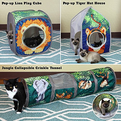 Kitty City Safari Jungle Cat Play Set, Collapsible Pop-Up Cat Toys Combo with Cube, Tunnel & Hideout, Interactive Indoor Cat Playhouse for Exercise, Hiding & Lounging - color: A) Safari Jungle Play Combo