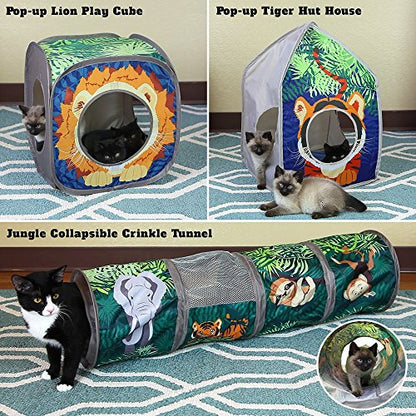 Kitty City Safari Jungle Cat Play Set, Collapsible Pop-Up Cat Toys Combo with Cube, Tunnel & Hideout, Interactive Indoor Cat Playhouse for Exercise, Hiding & Lounging - color: A) Safari Jungle Play Combo