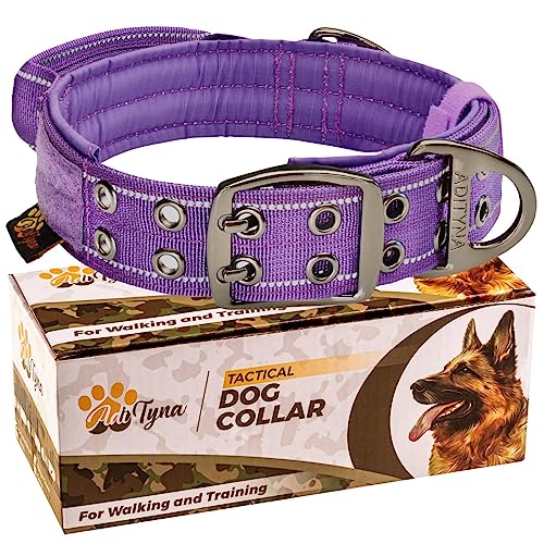 ADITYNA Heavy Duty Dog Collar for Medium Dogs - Reflective Purple Collar with Handle for Training, and Walking - Wide, Thick, Tactical, Soft Neoprene Padded - color: Purple, size: Medium: Fit 15-19" Neck