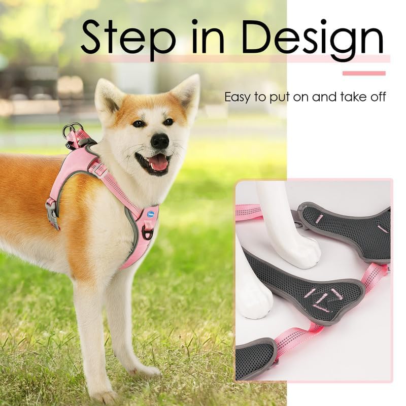 ThinkPet No-Pull Harness, Escape Proof Step-in Reflective Dog Vest Adjustable Breathable Halter Harness with Back/Front Clip for Better Control - color: Pink, size: Medium