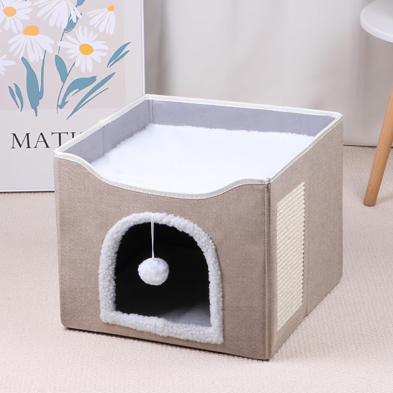Modern Indoor Cat House Cube with Scratching Post and Play Ball, Easy to fold, disassemble, and Clean，Compact Pet Apartment for Small Cats (Khaki) - color: Khaki