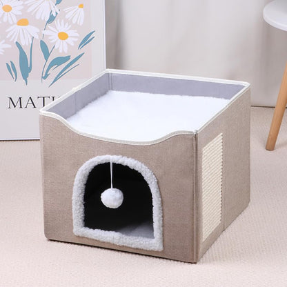 Modern Indoor Cat House Cube with Scratching Post and Play Ball, Easy to fold, disassemble, and Clean，Compact Pet Apartment for Small Cats (Khaki) - color: Khaki