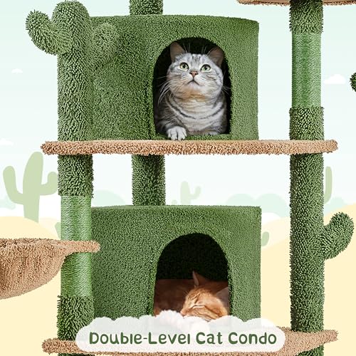 Yaheetech Cactus Cat Tree, 66?H Cat Tower for Indoor Cats, Multi-Level Cat Tree with Large Condos & Ramp, Pet Play House with Padded Perch, Platforms, Basket & Hanging Ball, Green/Brown