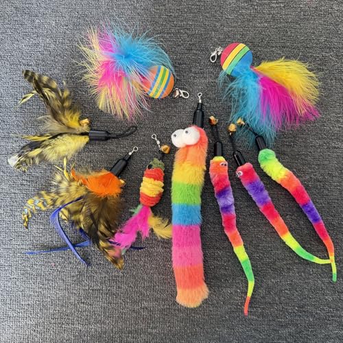 Interactive Cat Wand Toy Complete Set with Pole and 9 Feather Refills Teaser Toy for Indoor Cats Play & Exercise (9 Pcs C) - color: 9 Pcs C