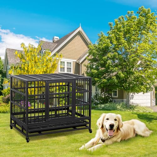 JY QAQA 38 Inch Heavy Duty Indestructible Dog Crate, Escape Proof Dog Cage Kennel with Lockable Wheels,High Anxiety Double Door Dog Crate, Xl Extra Large Crate Indoor for Large Dog with Removable Tray - size: 37.8"x 25.5"x 30.7"(L)