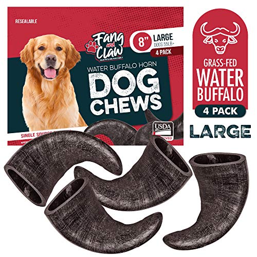 4 Pack Water Buffalo Horns for Dogs, Large 8 Inch - Natural Antler & Rawhide Bone Alternative for Aggressive Chewers, Long Lasting Single-Source Grass-Fed Dog Chew - style: 4 Horns - Large 8"