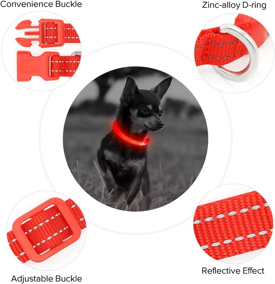BSEEN Light Up Dog Collar, Reflective LED Dog Collar Rechargeable Glowing Puppy Collars for Small Dogs & Cats, Safety Dog Lights for Night Walking (Red) - color: Red