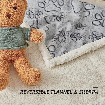 Qeils Dog & Cat Blankets - Waterproof Washable - Sherpa, Plus Plush Reversible, 25"X30", Grey Paw Print - color: Grey Paw Cut, size: 25"x30"