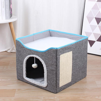 Modern Indoor Cat House Cube with Scratching Post and Play Ball, Easy to fold, disassemble, and Clean，Compact Pet Apartment for Small Cats (Dark Grey) - color: Dark Grey