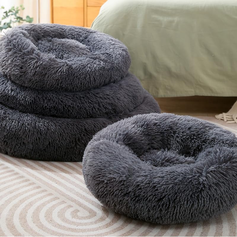 Calming Cat Bed for Indoor Cats & Small Dogs, Pet Bed for Puppies Rabbit,Machine Washable Non-Slip Donut Sofa for 6.5lbs Pet，Plush Dark Gray Cama para Gatos，Dark Gray