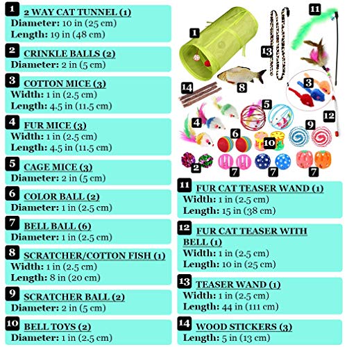 SunGrow Cat Tunnel and Assorted Activity Variety Pack, Interactive Kitten Accessories, for Indoors, Teaser Wand, Crinkle Balls, Bell Set, etc. (Assorted Toys, 30 Pieces)