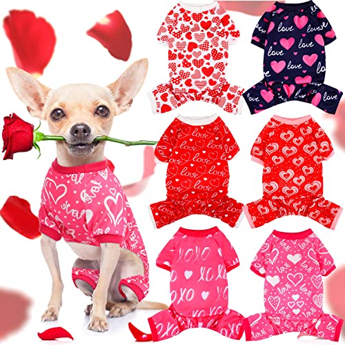 6 Pack Valentines Dog Pajamas Bulk Red Pink Heart Pattern Dog Valentines Holiday Outfit Clothes Jumpsuit Costumes for Boys Girls Puppy Cat Party Cosplay(Small) - size: S