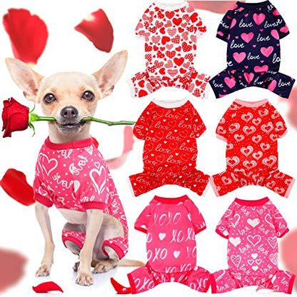 6 Pack Valentines Dog Pajamas Bulk Red Pink Heart Pattern Dog Valentines Holiday Outfit Clothes Jumpsuit Costumes for Boys Girls Puppy Cat Party Cosplay(Small) - size: S