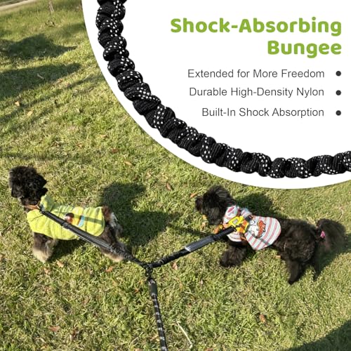 Double Dog Leash - No Tangle Splitter for Two Dogs, Coupler with Adjustable Long Lead Rope, Dual Control Handles, Retractable No Pull Bungee, Walk Train Small Medium Large 2 Pets (Green) - color: Green