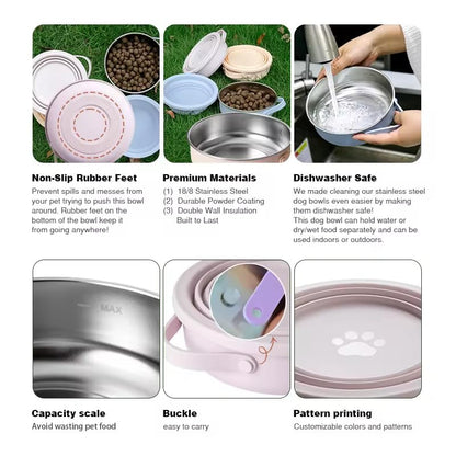3-in-1 Travel Dog & Cat Bowl – Collapsible BPA-Free Silicone & 18/8 Stainless Steel, Portable & Non-Slip with Handle, Easy to Clean, Food & Water Bowl for On-the-Go Pets, Bottl/Poop Bag Holder - color: Black Bowl